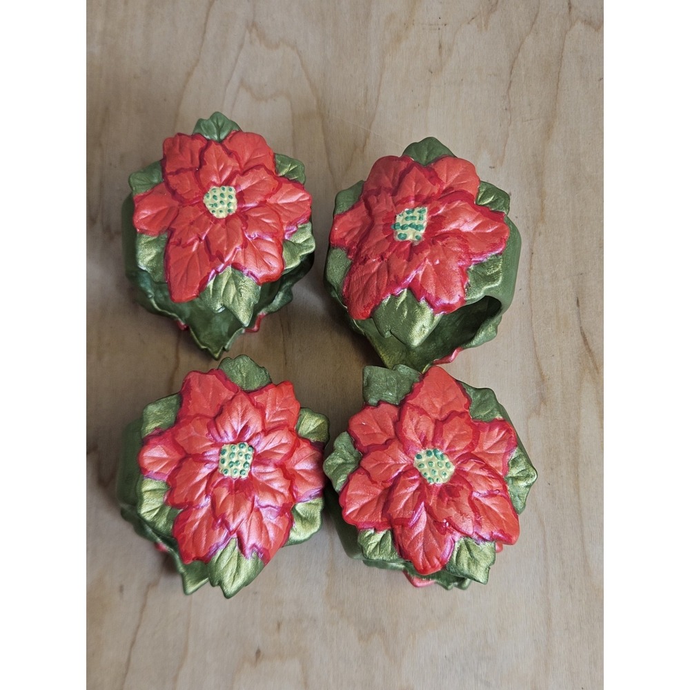 Set of 4 Handmade Poinsettia Napkin Rings Christmas Holiday Red Green Floral
